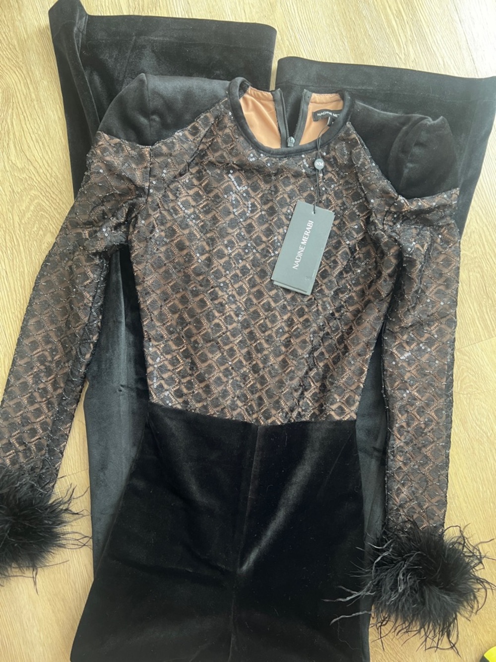 NADINE MERABI Mixed Media Black
Monique Velvet Sequin Glitter
Feather Jumpsuit S - Picture 6 of 8